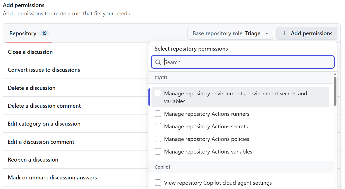 The Add permissions dialog of a custom role, with the CI/CD permissions such as Manage repository Actions secrets