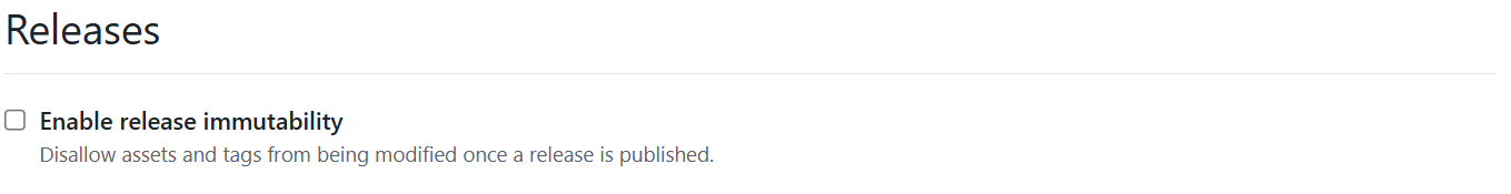 The Releases section in the repository settings with the Enable release immutability checkbox