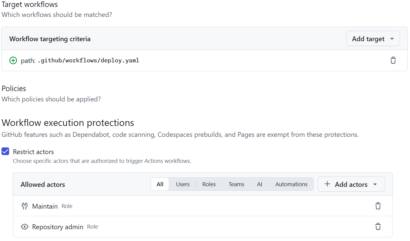 A ruleset that targets .github/workflows/deploy.yaml and only allows the Maintain and Repository admin roles to trigger it
