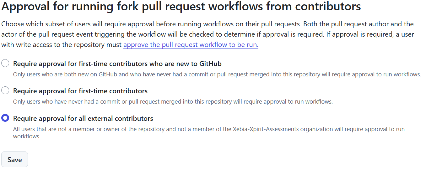 The approval setting for fork pull request workflows with Require approval for all external contributors selected