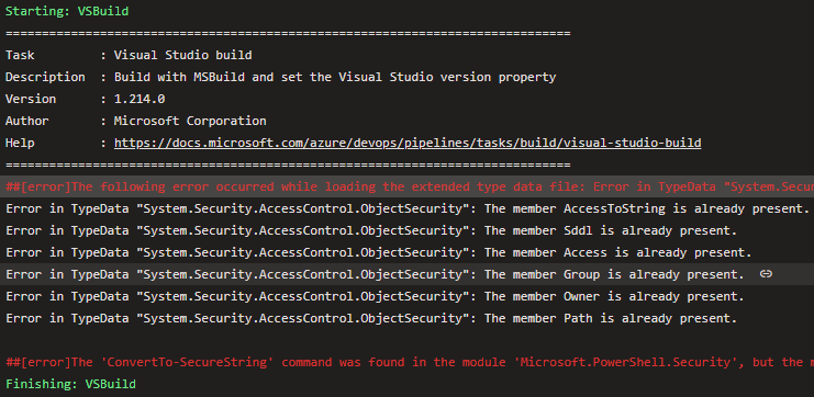 VSBuild task fails on self-hosted Azure Pipelines Agent
