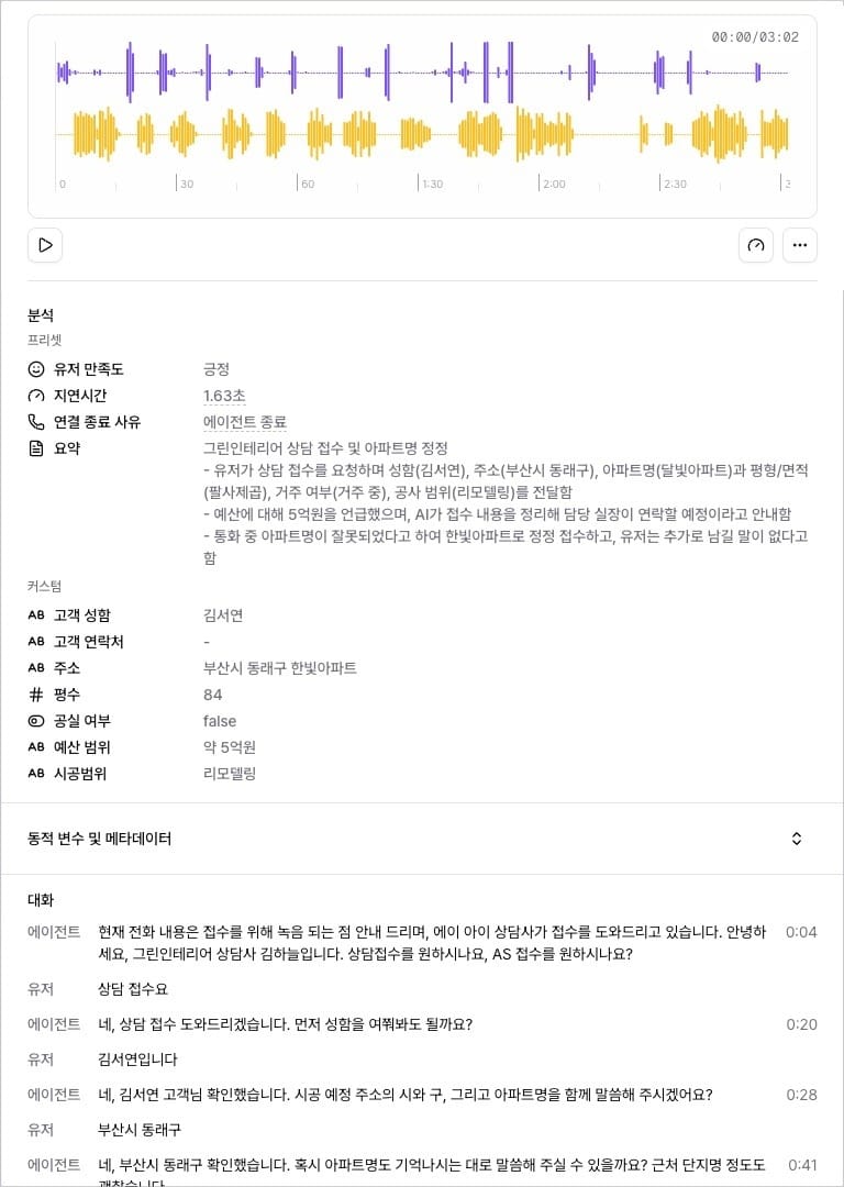 통화 상세 분석 결과 화면. 기본 생성 항목과 커스텀 추출 항목이 함께 표시