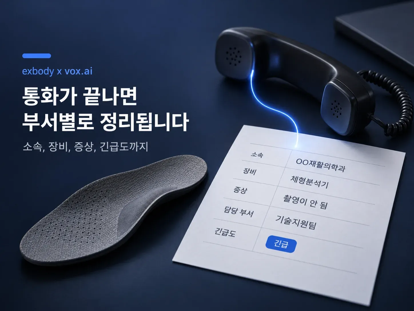 통화가 끝나면 소속, 장비, 증상, 긴급도, 담당 부서가 항목별로 정리된 접수 기록