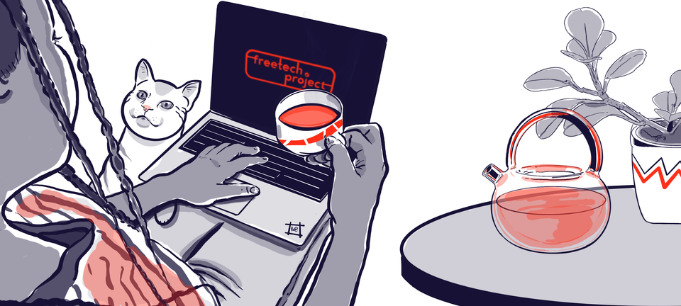 An illustration of a person on a laptop, holding a cup of tea, with a cat looking on