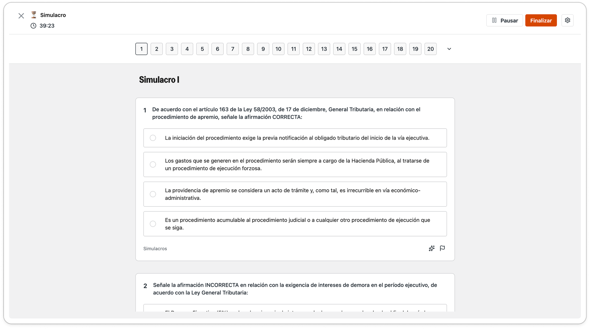 Pantalla de tests de la plataforma de Polaris con corrección al momento y resultados por tema