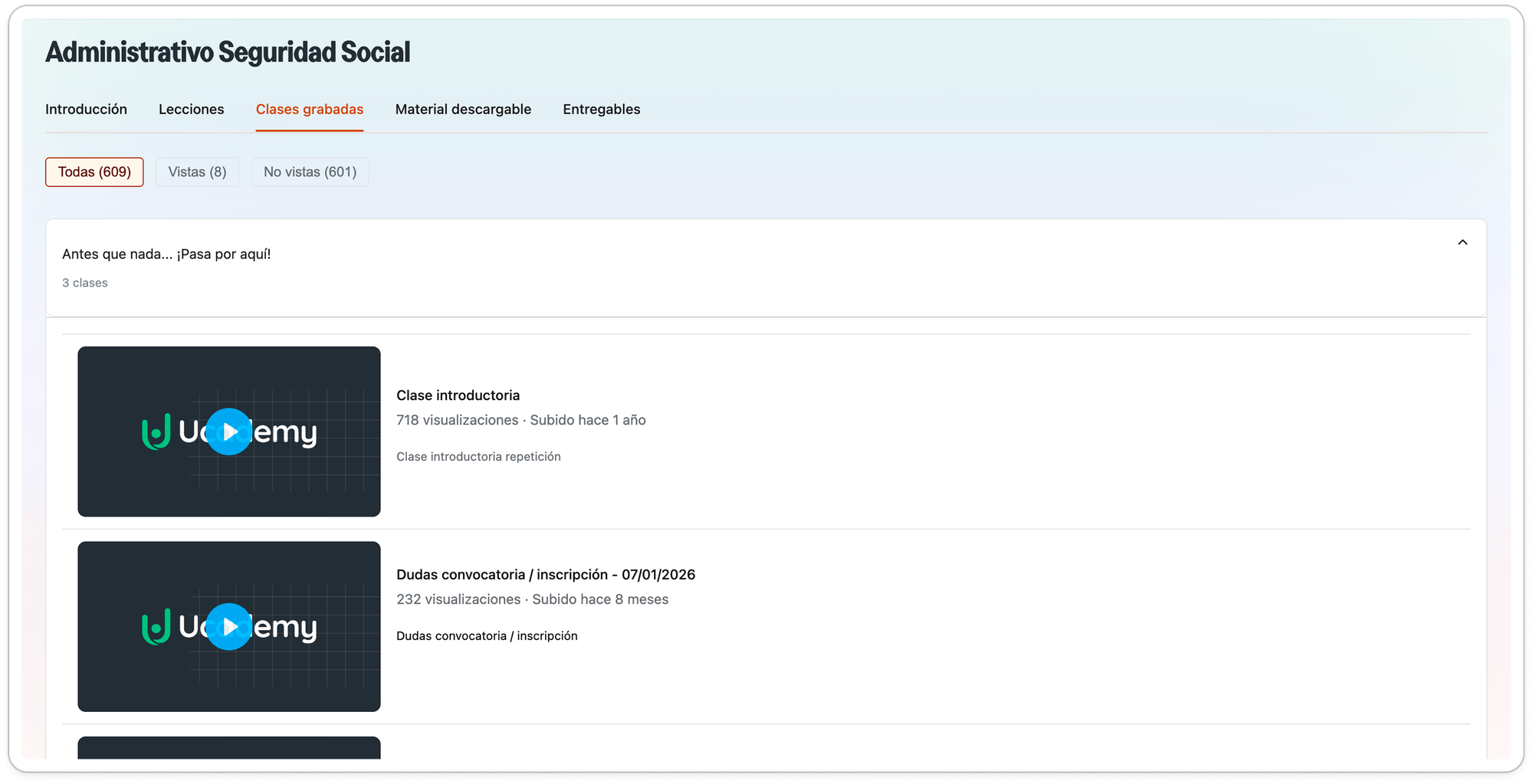 Listado de clases grabadas en la plataforma de Polaris disponibles desde el móvil