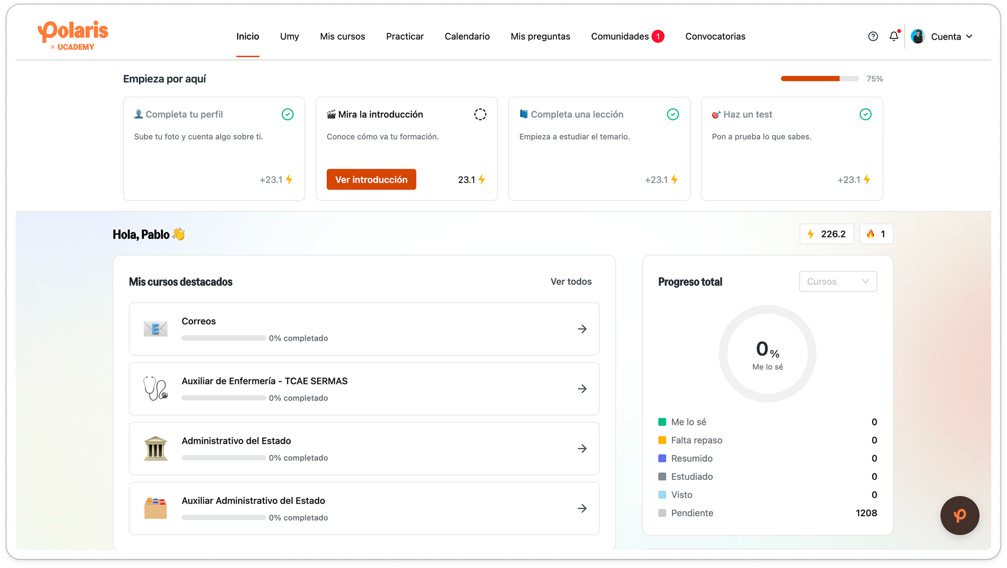 Planificador de estudio de la plataforma de Polaris con las tareas asignadas a cada día de la semana