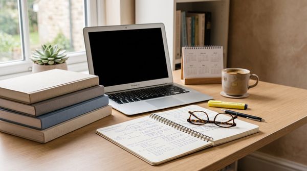 Mesa de estudio con apuntes, manuales y portátil para preparar la oposición de Auxiliar Administrativo del Estado