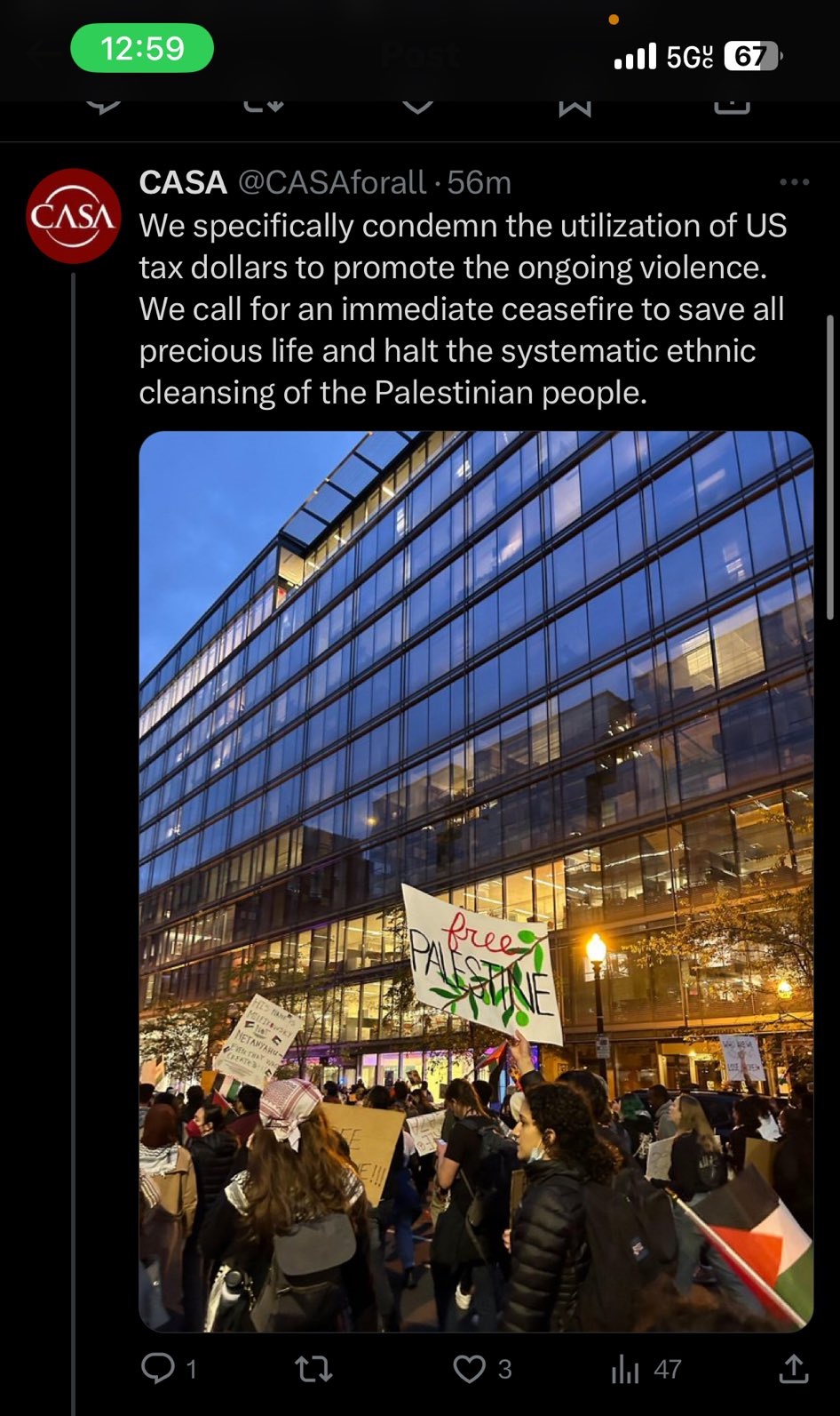 Captura de la publicación de CASA del 6 de noviembre, minutos antes que fuera retirada de las redes sociales. Al inicio dice “Condenamos específicamente la utilización del dinero de los impuestos estadounidenses para promover la violencia actual”. | Foto: CAPTURA