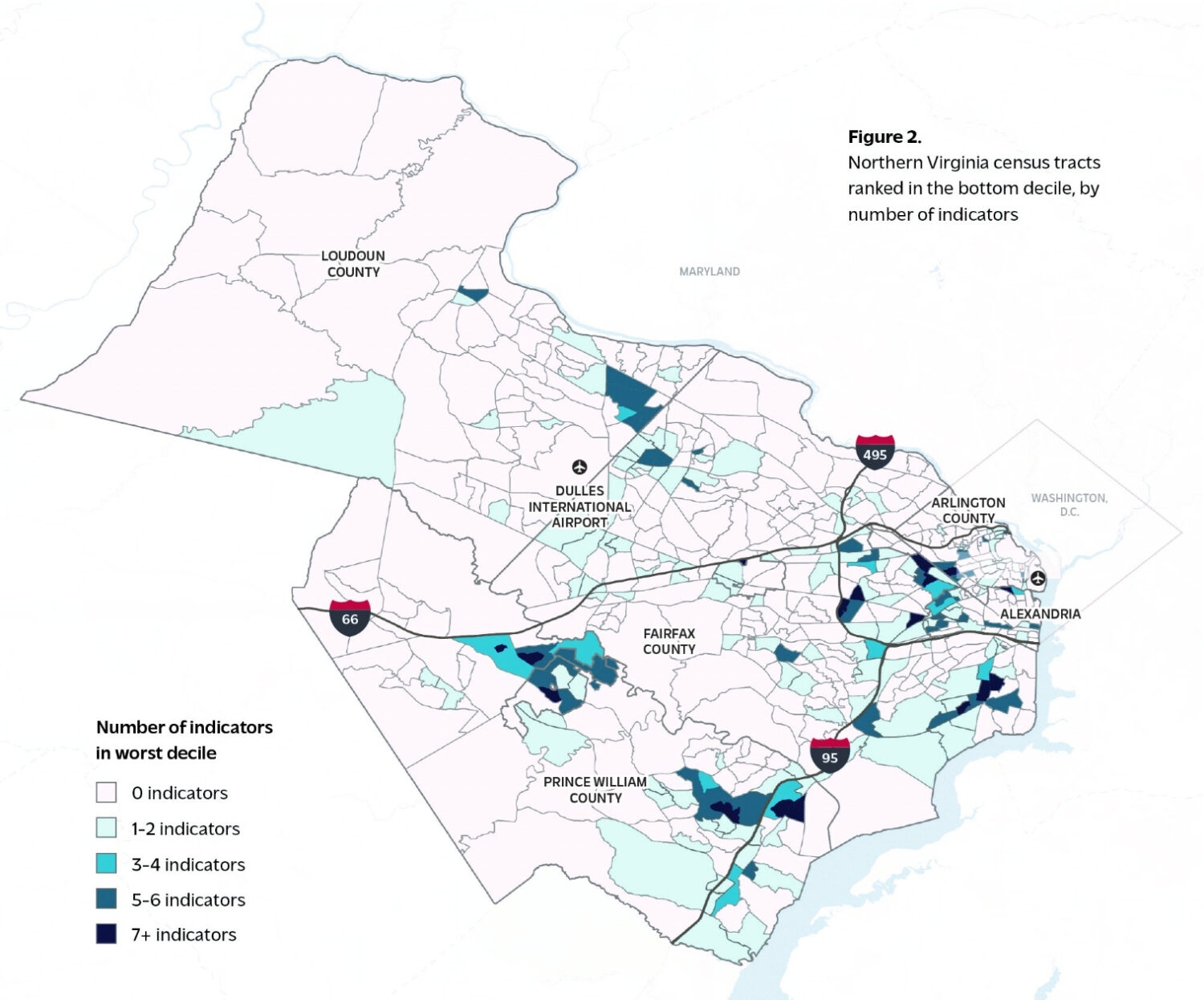 Un mapa muestra las “islas de desventaja” del Norte de Virginia, en vecindarios que se ubicaron en el decil inferior en al menos un indicador socioeconómico, como la tasa de pobreza, el nivel educativo o las viviendas con hacinamiento.