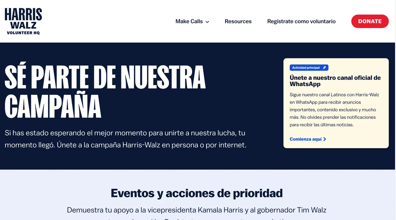 Elecciones: Harris-Walz reclutan e informan a voluntarios con una página web