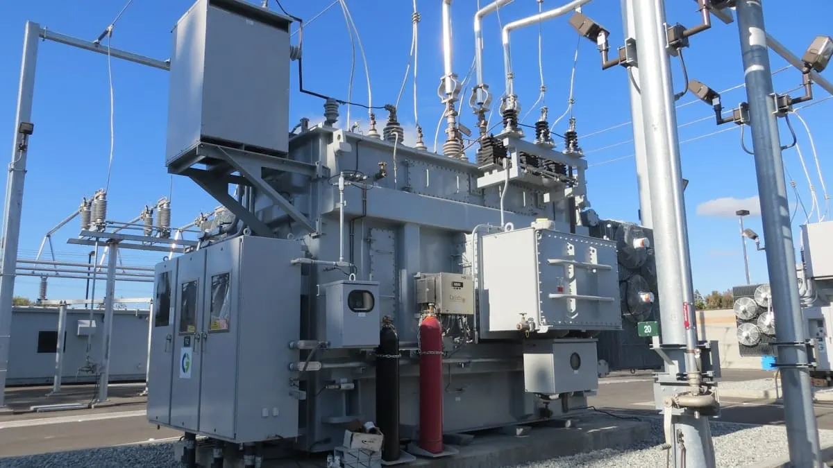 Una subestación eléctrica de alta tensión con transformadores