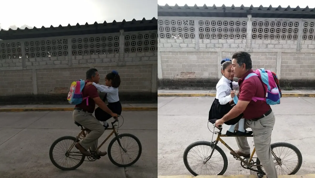 Niña mexicana rechazó ir a la escuela en taxi y le pidió a su abuelo que la llevara en bicicleta