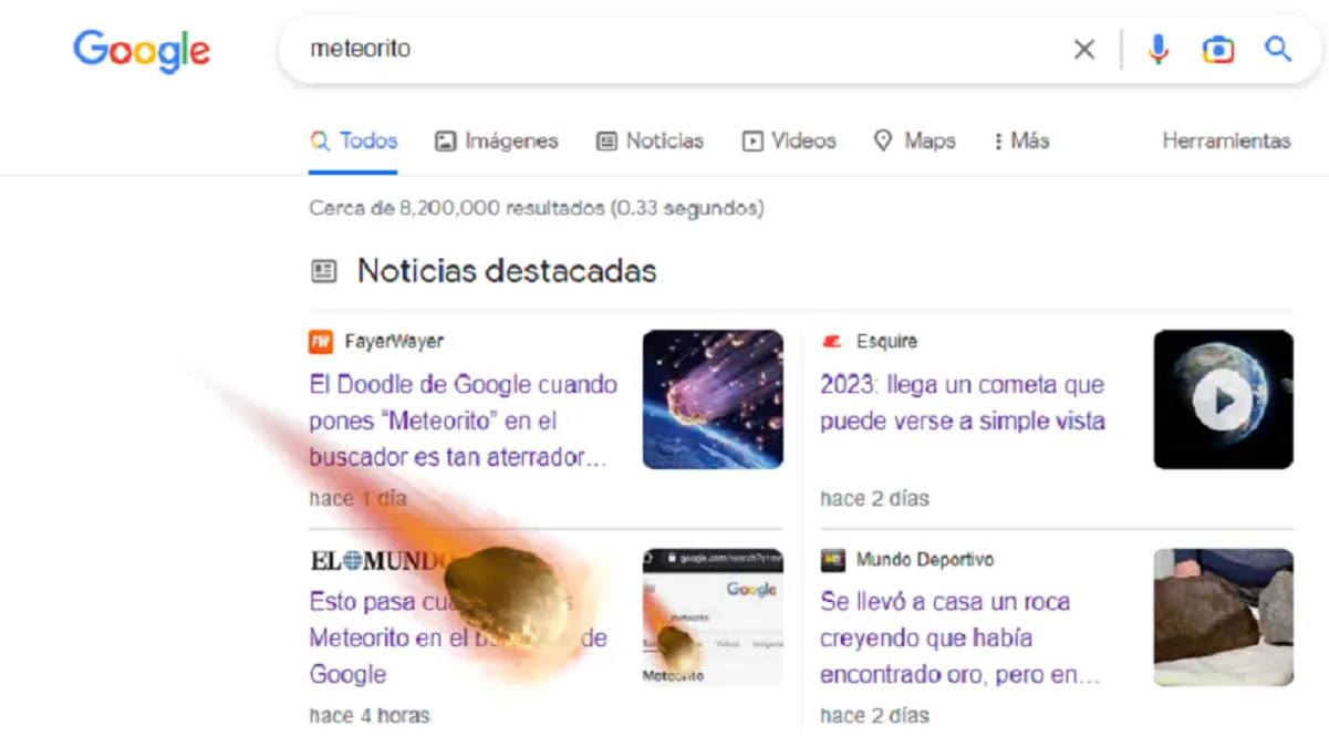 Esto ocurre cuando se escribe la palabra meteorito en el buscador de Google