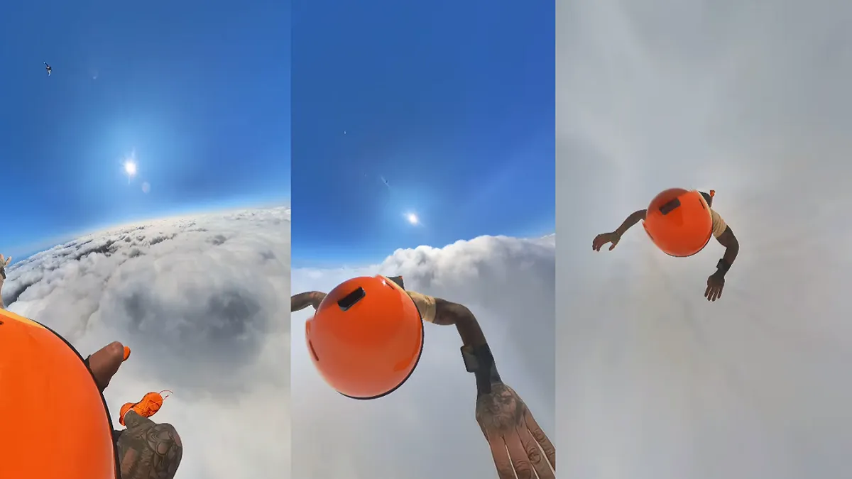 Paracaidista se graba paseando dentro de un túnel de nubes