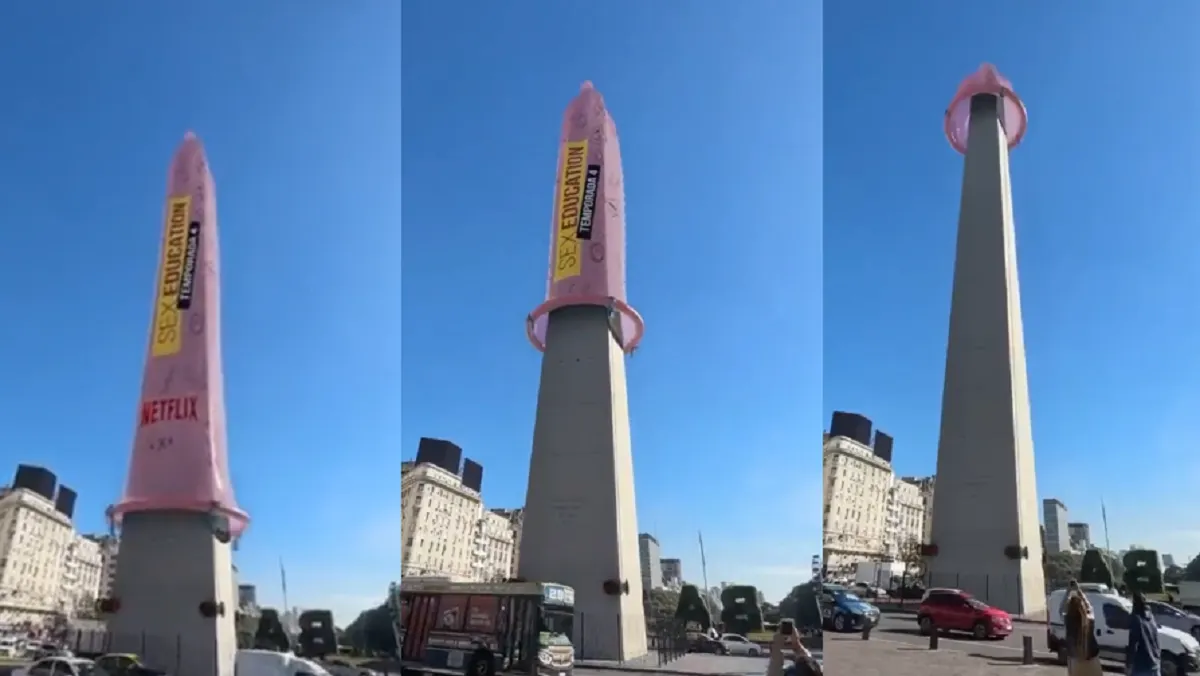 Un preservativo gigante en el Obelisco de Buenos Aires así anunció Netflix la nueva temporada de Sex Education