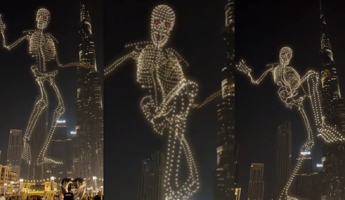 Esqueleto gigante hecho con drones “camina” sobre las calles de Dubai