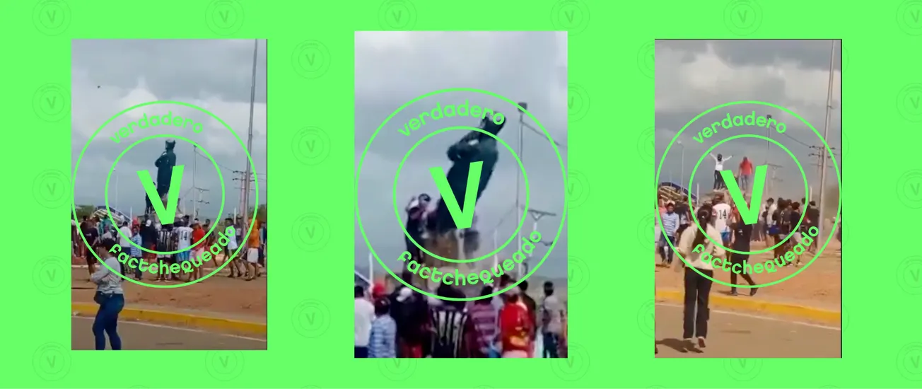 Sí, este video muestra una estatua de Hugo Chávez siendo derribada por manifestantes