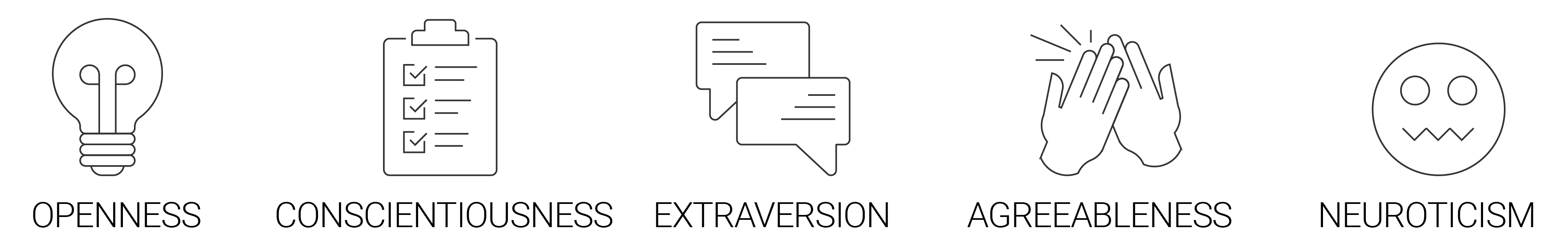 5 personality types, Openess, Conscientiousness, Extraversion, Agreeableness and Neuroticicm