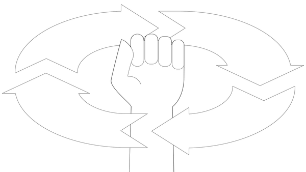 Hand representing resistance, circular arrows representing continuous change.