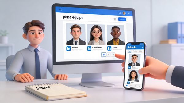 Portraits collaborateurs cohérents sur site et réseaux montrant optimisation SEO des photos et présence en ligne uniforme