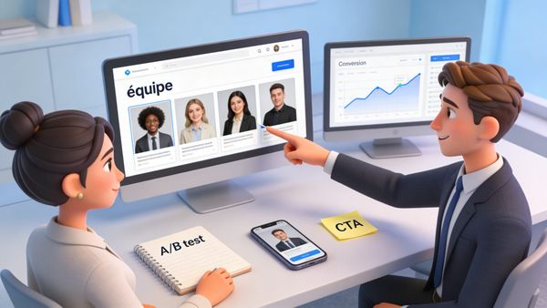 Page équipe avec portraits collaborateurs alignés et graphique de conversion à la hausse illustrant l'impact des photos professionnelles sur la conversion commerciale