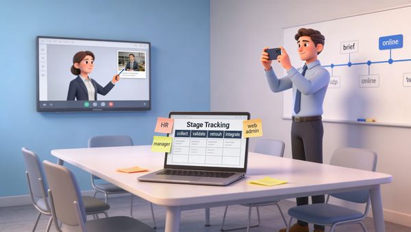 Responsable RH validant des vignettes de portraits collaborateurs sur un tableau de suivi pendant qu'un employé fait un selfie