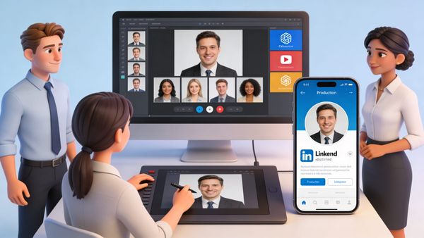 Équipe d'entreprise utilisant une plateforme de génération automatique de portraits pour créer des photos collaborateurs cohérentes intégrant le branding