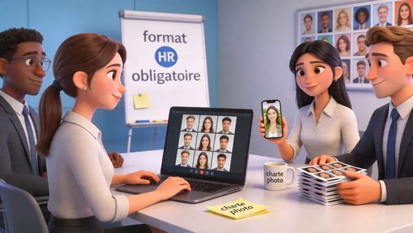 Portraits collaborateurs et divergence : équipe autour d'une table comparant photos standardisées et photos naturelles, débat sur cohérence visuelle et adhésion interne