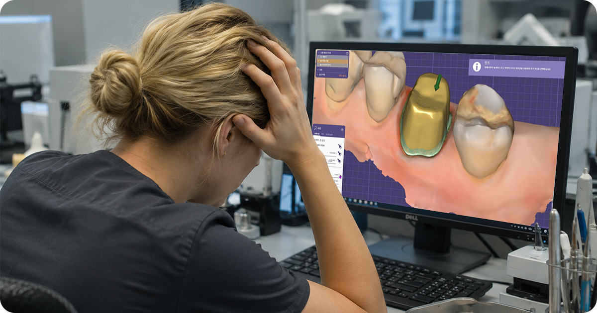 Technician working late in a laboratory using dental cad cam software on a computer 