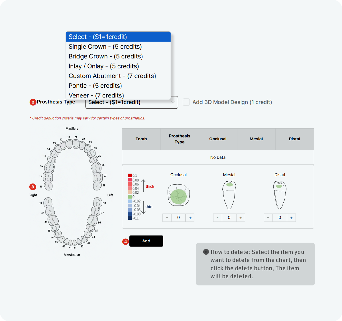 Selecting prosthesis type, tooth number, and contact settings for a Dental CAD Design Service request