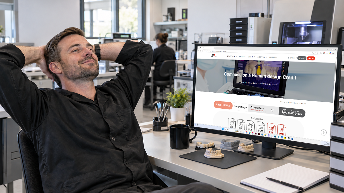 Dental lab professional feeling relieved after using dental CAD design outsourcing to manage workflow capacity