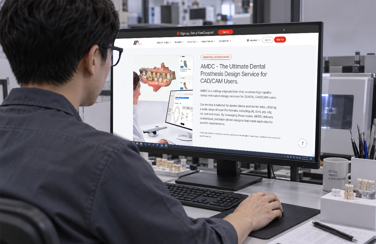 Dental technician using AMDC dental design services as part of a digital lab workflow