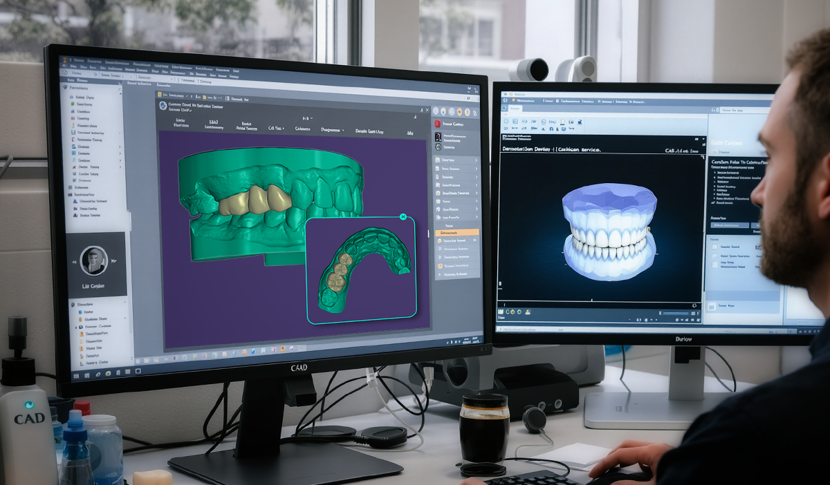 A person at a dual-monitor workstation displaying dental CAD models and restoration designs.