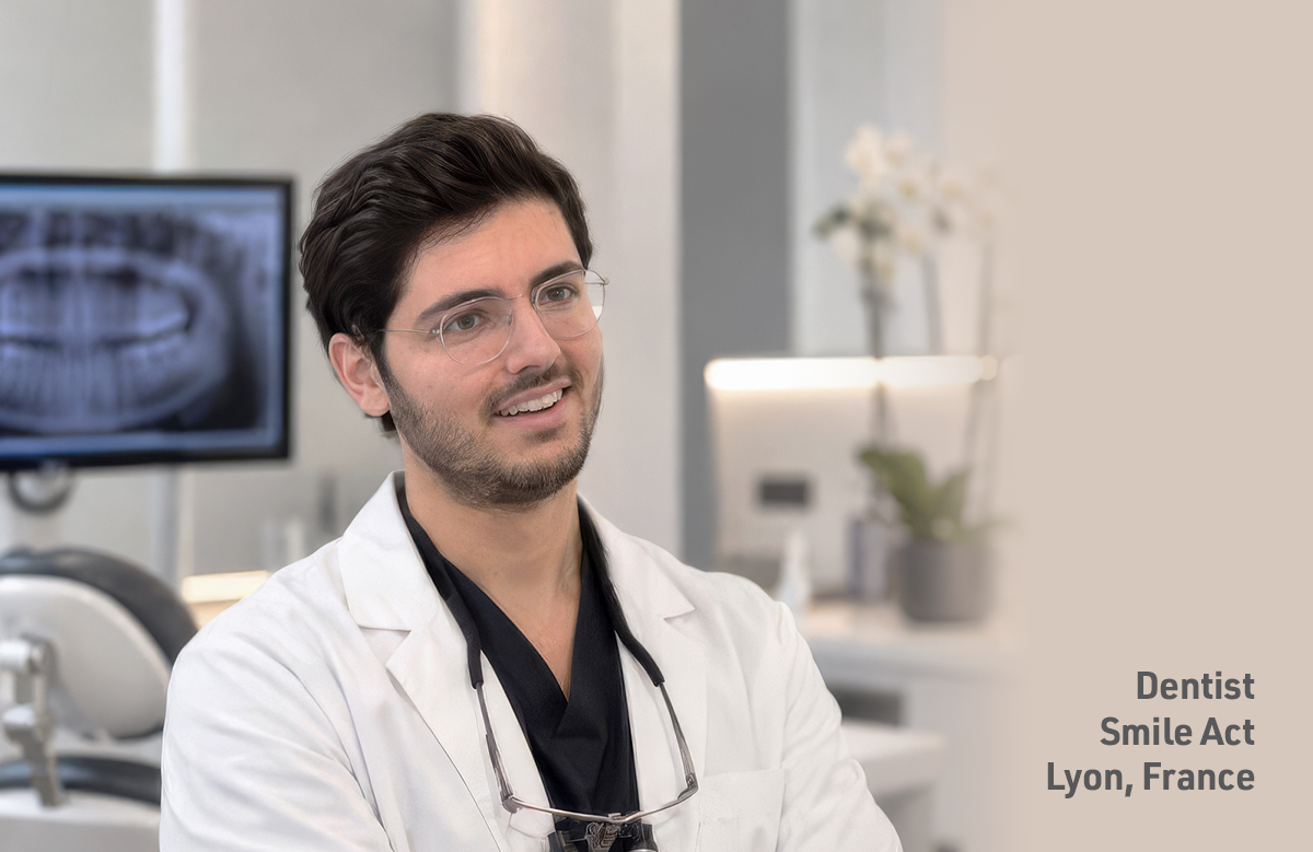 Dentist in a clinic, with text identifying Smile Act in Lyon, France.