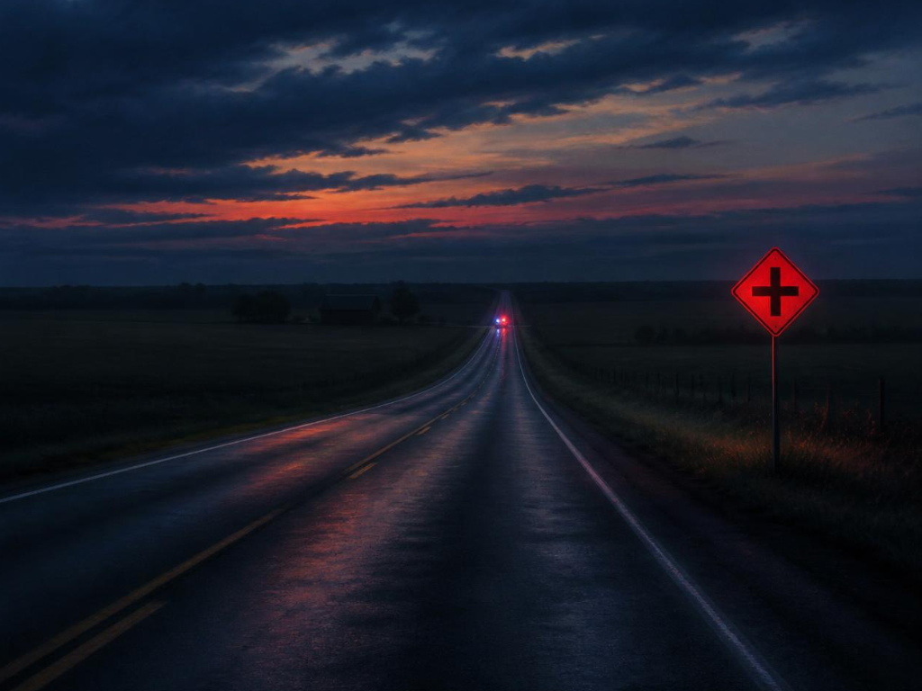A lonely two-lane country road, the faint red-and-blue glow of emergency lights approaching from a distance.