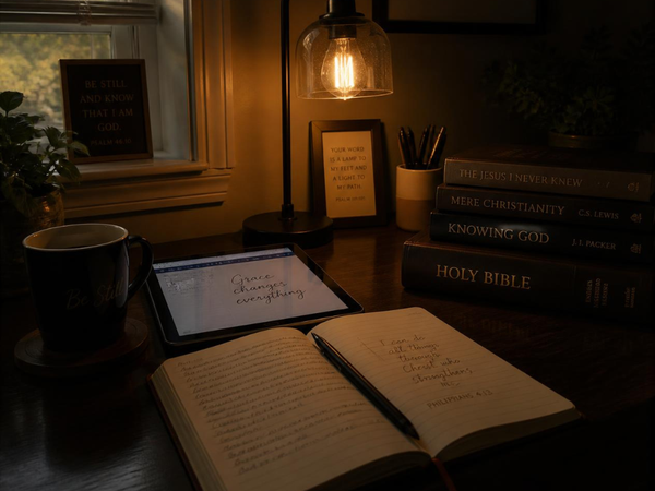 A quiet desk, journal open, stack of books to the side