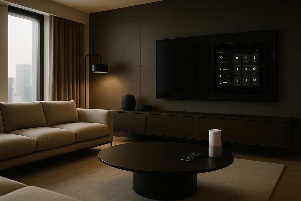 Smart technology integrated in luxury home design with modern aesthetics.
