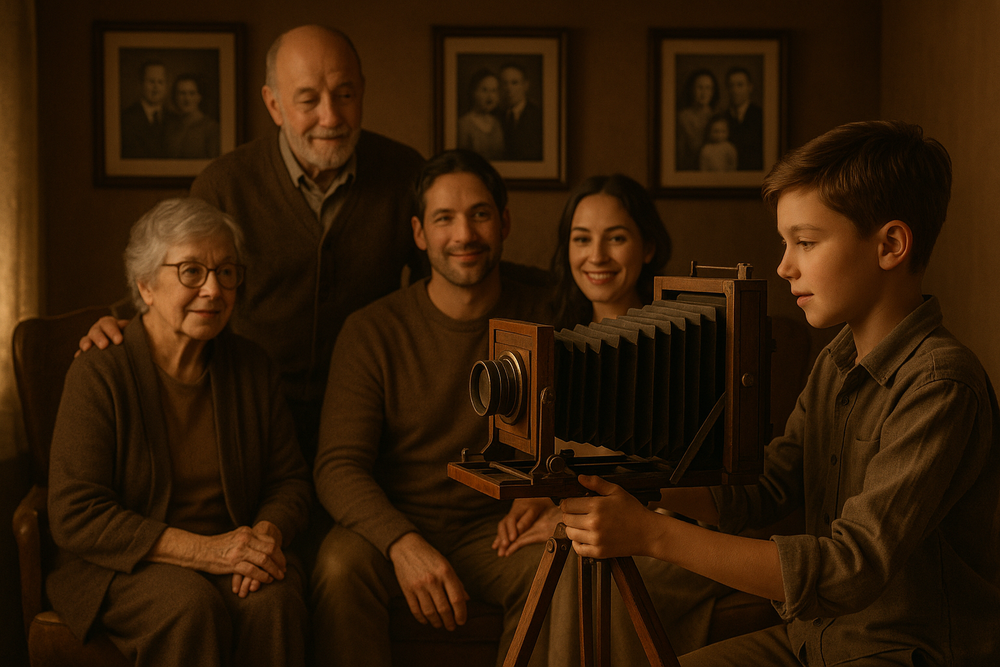 A family gathered around an antique camera in a warmly lit room with family portraits on the walls, capturing the essence of family legacy through photography.
