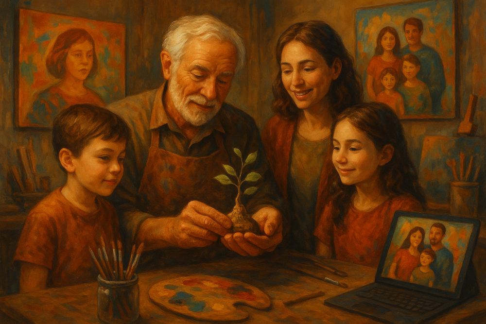 Family in a studio with vibrant artwork, traditional tools, and digital screens, embodying creativity and legacy.