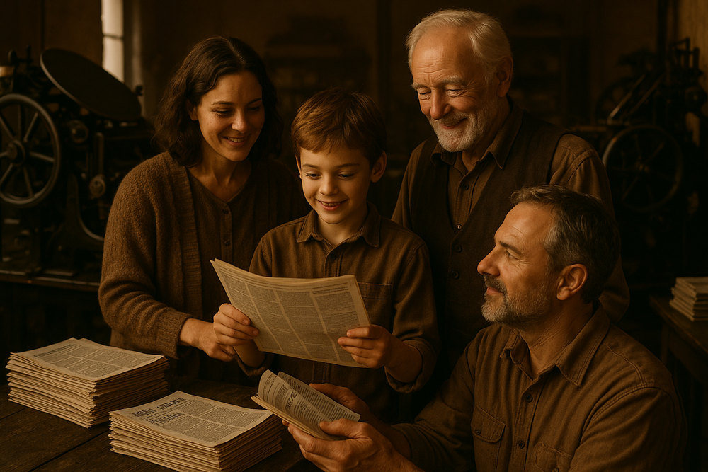 Multi-generational family in a print shop with vintage presses and newspapers.