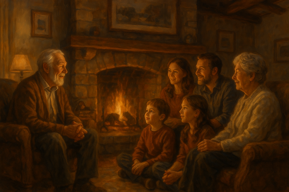 A family sharing stories around a fireplace, illuminated by its warm glow, capturing the essence of legacy and connection.