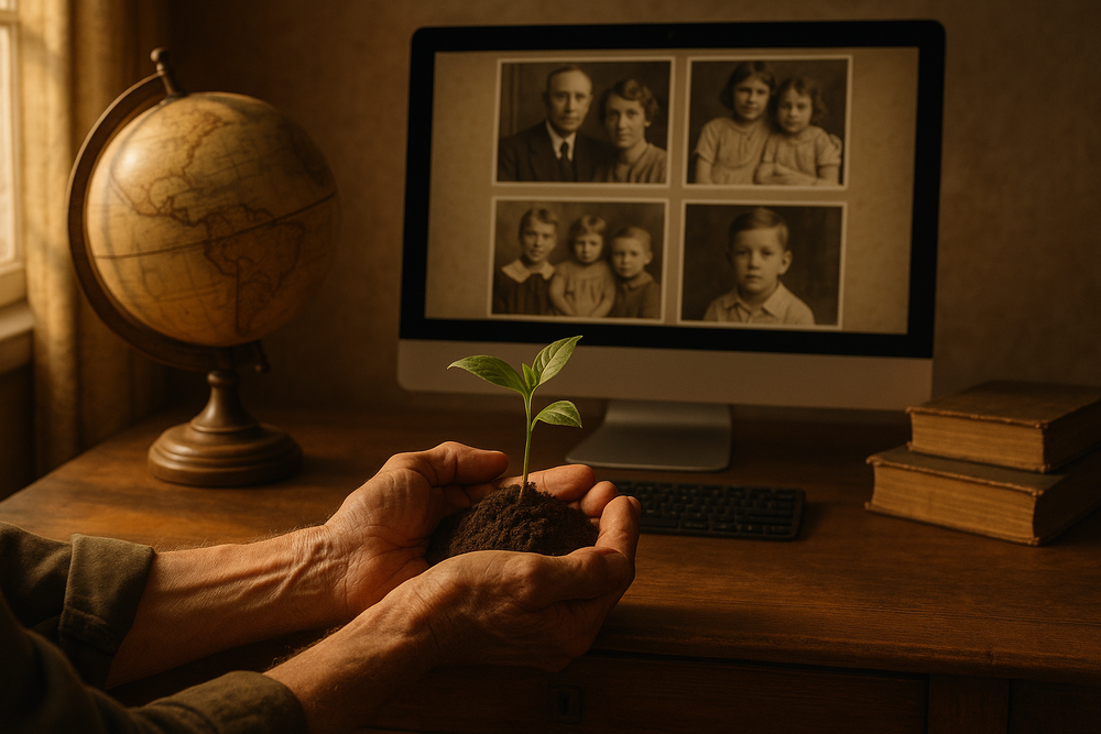 A study room with a wooden desk, a computer showing family photos, and an antique globe in warm light.