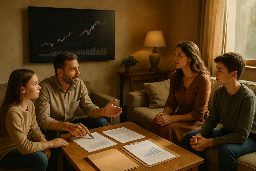 A family in a sunlit room discussing investments with charts on screen and documents on the table.