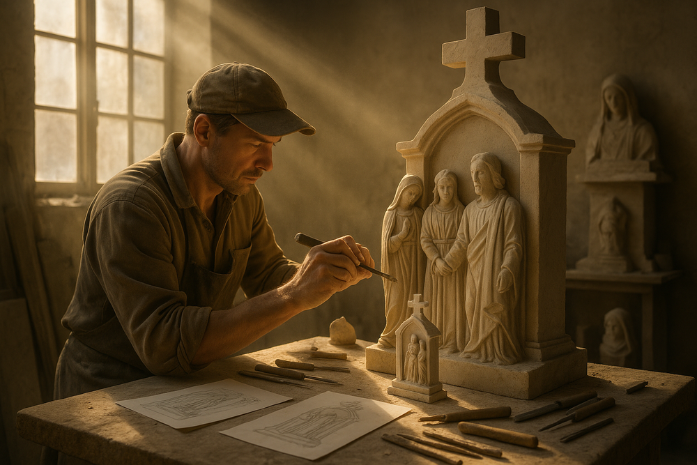 Artisan sculpting a family memorial in a sunlit workshop, focusing on intricate details and surrounded by sketches.