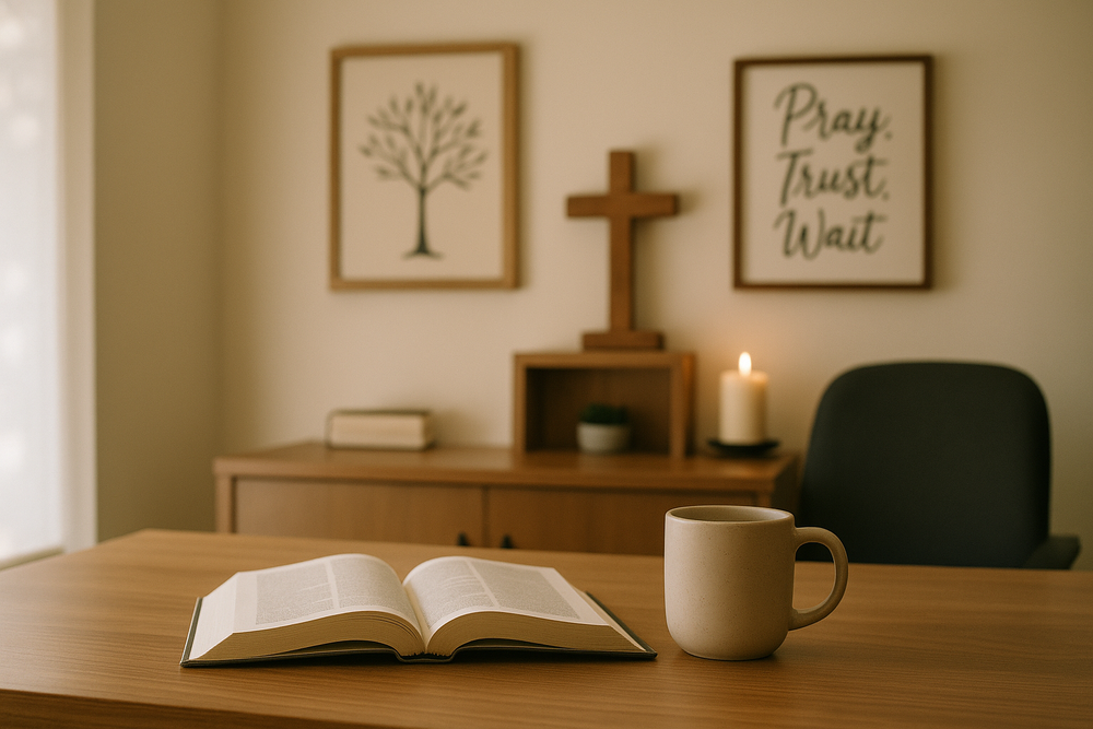 Family business office with faith-inspired art, a wooden cross, lit candle, capturing a Christ-centered atmosphere.