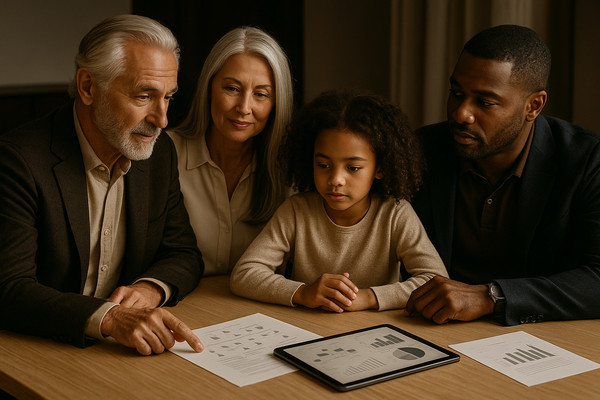 Family discussing multi-generational stewardship with documents and digital tools.