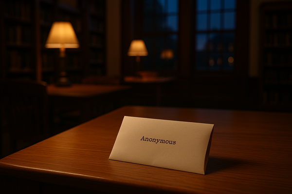 A serene library at dusk with soft interior lights and an anonymous donation letter, symbolizing quiet philanthropy.