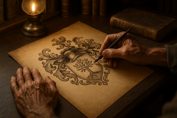 Detailed family crest hand-drawn on parchment in a study with antique furnishings, under warm lighting.