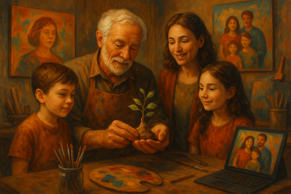 Family in a studio with vibrant artwork, traditional tools, and digital screens, embodying creativity and legacy.